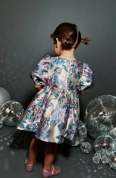 Next Kids' Floral Metallic Jacquard Puff Sleeve Dress In Silver