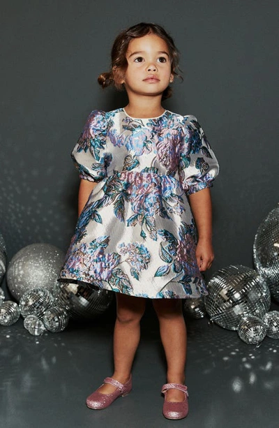 Next Kids' Floral Metallic Jacquard Puff Sleeve Dress In Silver