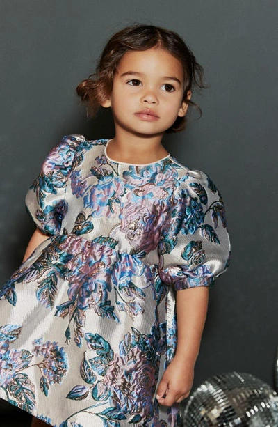 Next Kids' Floral Metallic Jacquard Puff Sleeve Dress In Silver