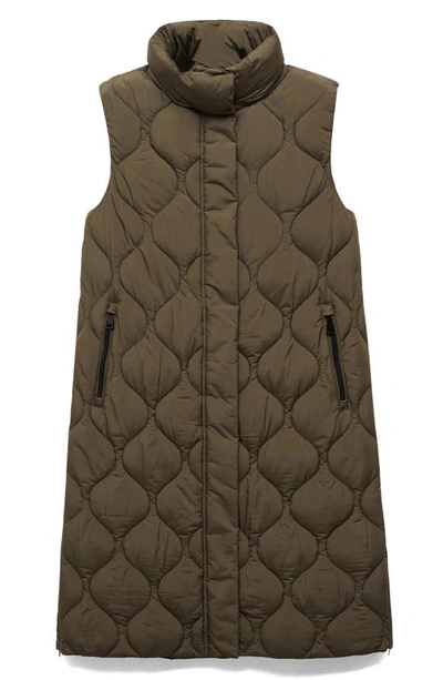 Shop Mango Hooded Longline Water Repellent Quilted Vest In Khaki