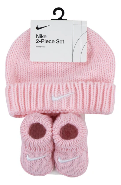 Nike Cable Knit Beanie & Booties Set In Pink Foam