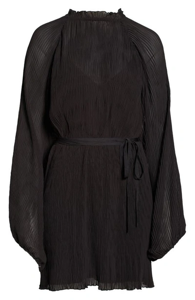 Shop Asos Design Tie Waist Plissé Long Sleeve Minidress In Black
