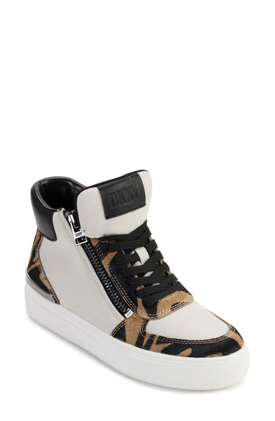 Shop Dkny Cindell Genuine Calf Hair High Top Sneaker In Pebble/ Black