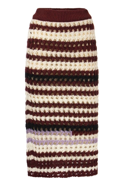 Shop Marni Striped Wool Blend Crochet Skirt In Bordeaux