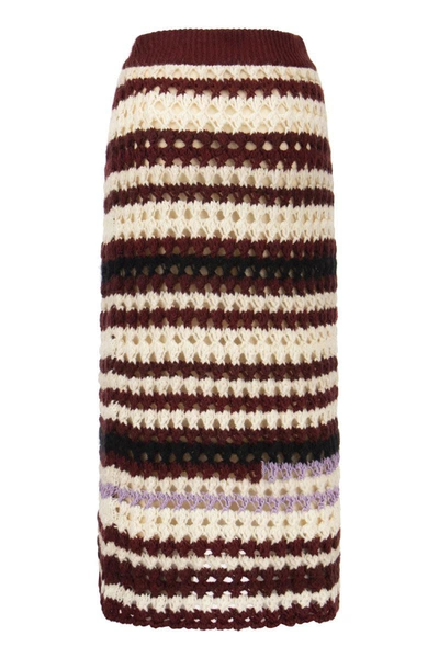 Shop Marni Striped Wool Blend Crochet Skirt In Bordeaux