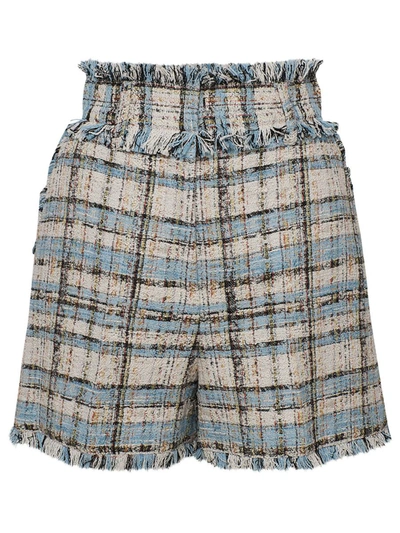 Msgm Tweed Fringe Check Shorts In Light Blue