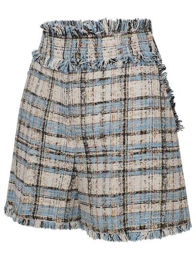 Msgm Tweed Fringe Check Shorts In Light Blue
