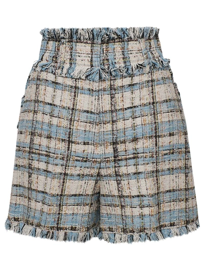 Msgm Tweed Fringe Check Shorts In Light Blue