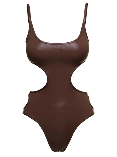 Shop Attico Open Back Swimsuit With Cut-out Detailing In Brown Technical Fabric Woman