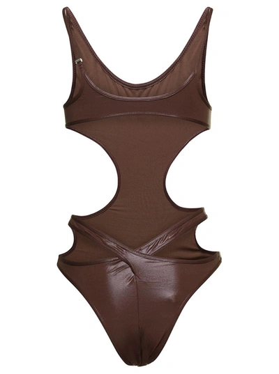 Shop Attico Open Back Swimsuit With Cut-out Detailing In Brown Technical Fabric Woman