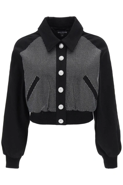 Shop Balmain Denim Blouson Jacket With Rhinestones In Black