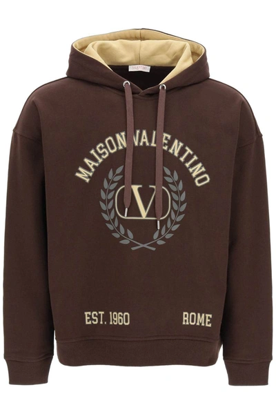 Shop Valentino Logo Print Hoodie In Brown