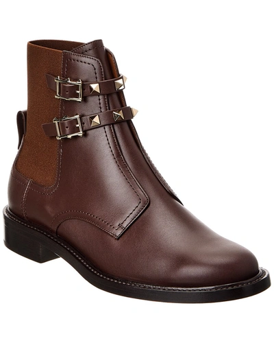 Shop Valentino Rockstud Leather Ankle Boot In Brown