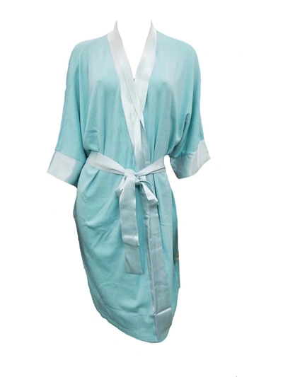 Shop Pj Harlow Shala Knit Robe With Pockets And Satin Trim In Aqua In Blue