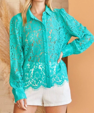 Savanna Jane Andree By Unit Crochet Lace Button Down Shirt In Emerald In Gold