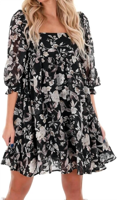 Shop Sweet Lemon Textured Floral Print Babydoll Dress In Black Floral