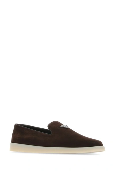 Shop Prada Man Dark Brown Suede Slip Ons