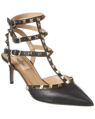 Shop Valentino Rockstud Caged 65 Grainy Leather Ankle Strap Pump In Black