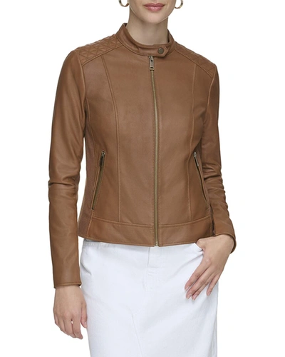 Shop Andrew Marc Marc New York Glenbrook Feather Leather Coat In Brown