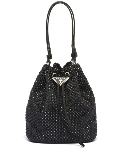 Shop Prada Mini Crystal-embellished Satin Bucket Bag In Nero