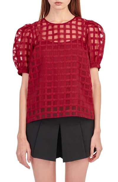 English Factory Plus Size Plaid See Through Top In Burgundy