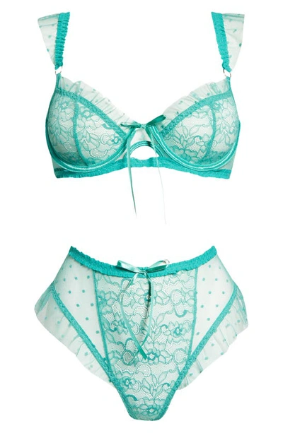 Shop Hauty Ruffle Dotted Mesh & Lace Underwire Bra & Panties Set In Green