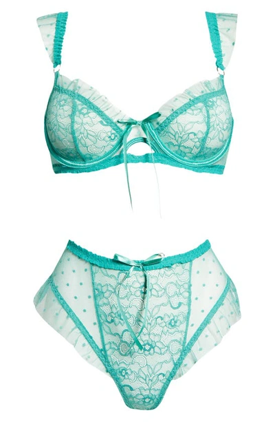 Hauty Ruffle Dotted Mesh & Lace Underwire Bra & Panties Set In Green