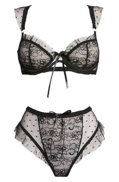 Shop Hauty Ruffle Dotted Mesh & Lace Underwire Bra & Panties Set In Black
