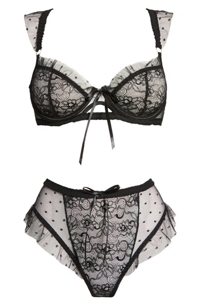 Hauty Ruffle Dotted Mesh & Lace Underwire Bra & Panties Set In Black