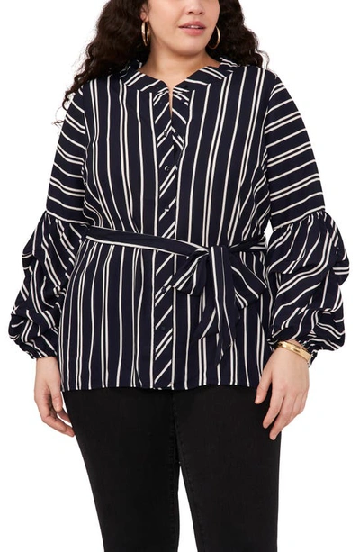 Shop Vince Camuto Stripe Balloon Sleeve Button-up Top In Classic Navy