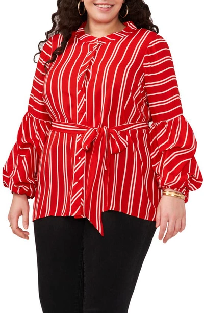 Shop Vince Camuto Stripe Balloon Sleeve Button-up Top In Red