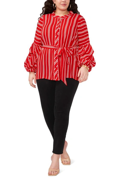 Shop Vince Camuto Stripe Balloon Sleeve Button-up Top In Red