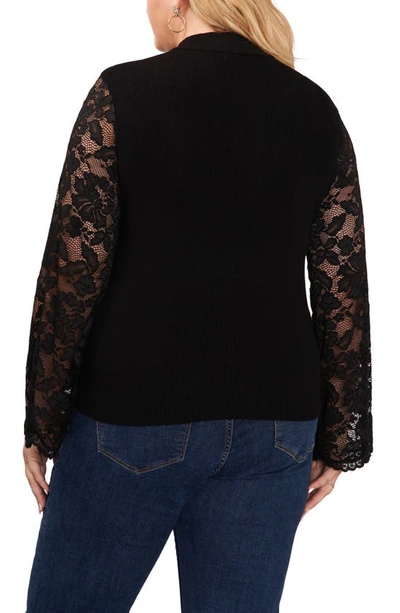 Shop Vince Camuto Lace Sleeve Rib Knit Top In Rich Black
