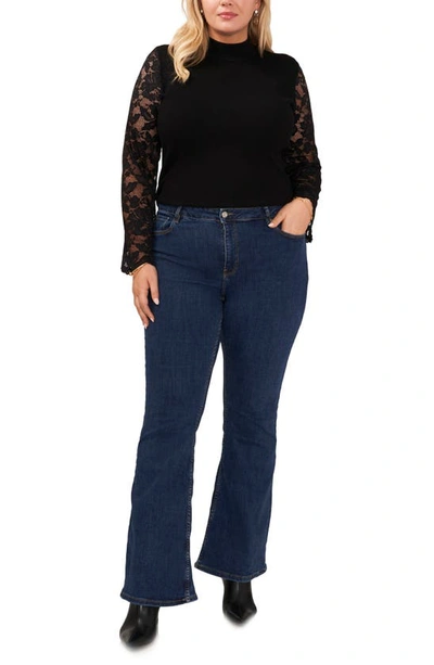 Shop Vince Camuto Lace Sleeve Rib Knit Top In Rich Black