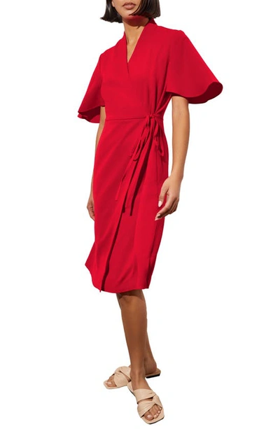 Ming Wang Butterfly Sleeve Crêpe De Chine Wrap Dress In Poppy Red