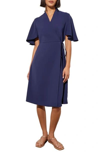 Shop Ming Wang Butterfly Sleeve Crêpe De Chine Wrap Dress In Indigo