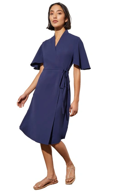 Ming Wang Butterfly Sleeve Crêpe De Chine Wrap Dress In Indigo