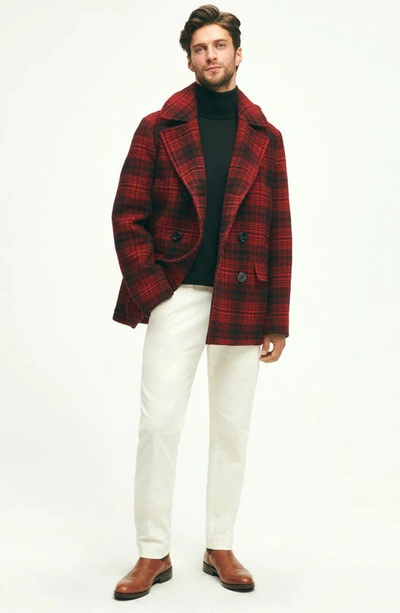 Shop Brooks Brothers Out Buffalo Check Hooded Wool Peacoat In Red Plaid