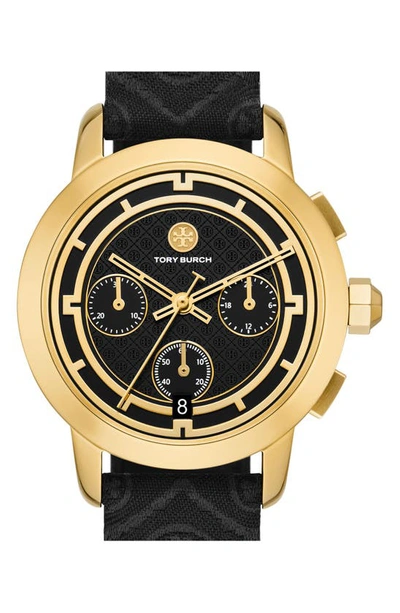 Women's Tory Goldtone, Monogram Jacquard & Leather Chronograph Watch In  Black