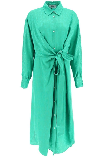Shop Msgm Jacquard Satin Shirt Dress In Green