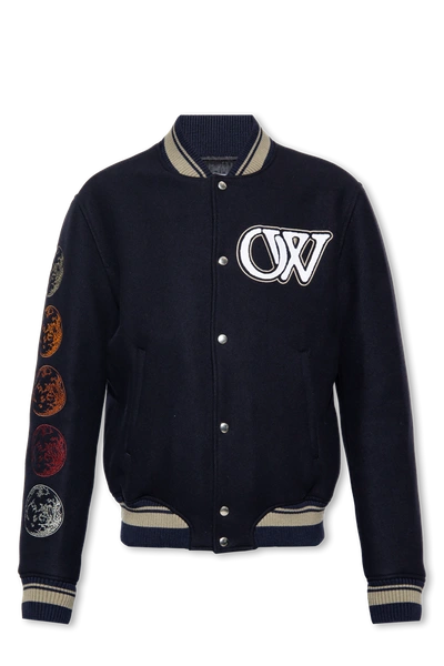Shop Off-white Navy Blue Wool Bomber Jacket In New