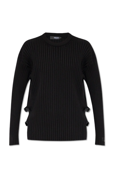 Shop Versace Black Ribbed Sweater In New