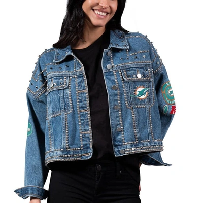 Shop G-iii 4her By Carl Banks Miami Dolphins First Finish Medium Denim Full-button Jacket In Blue
