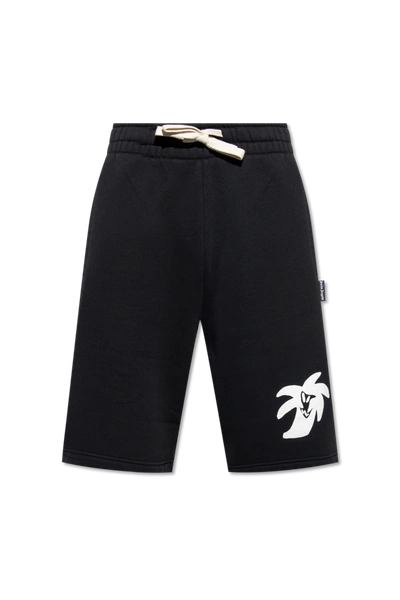 Shop Palm Angels Black Shorts With Motif Of Palm Trees In New