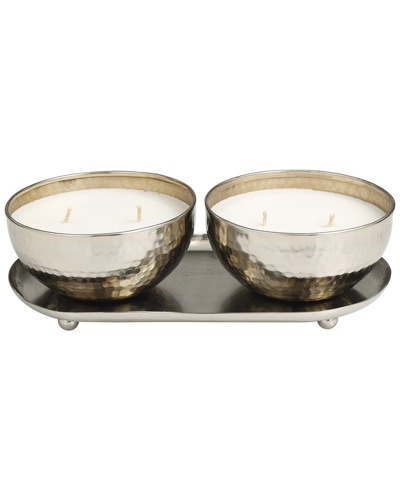 Peyton Lane Set Of 2 White Wax Vanilla Marshmallow Scented Hammered 12oz 2-wick Candle In White