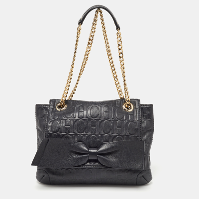 Pre-owned Ch Carolina Herrera Black Monogram Embossed Leather Audrey Flap Shoulder Bag