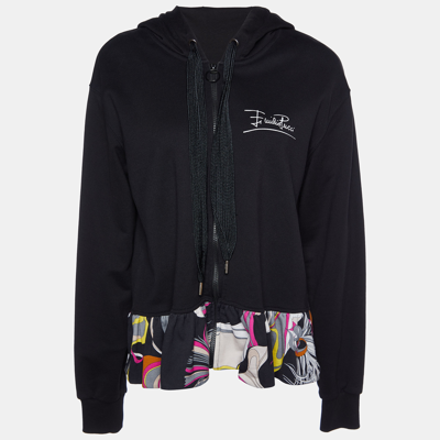 Pre-owned Pucci Black Cotton Knit Printed Hem Zip Front Hooded Jacket L