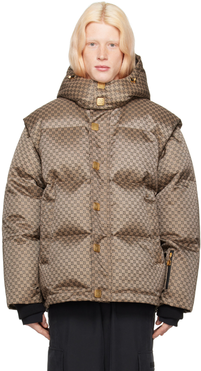 Shop Balmain Brown Mini Monogrammed Puffer Jacket In Wfp Marron/marron Fo