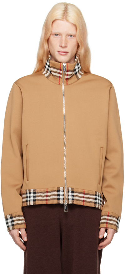 Shop Burberry Tan Check Trim Track Jacket In Camel