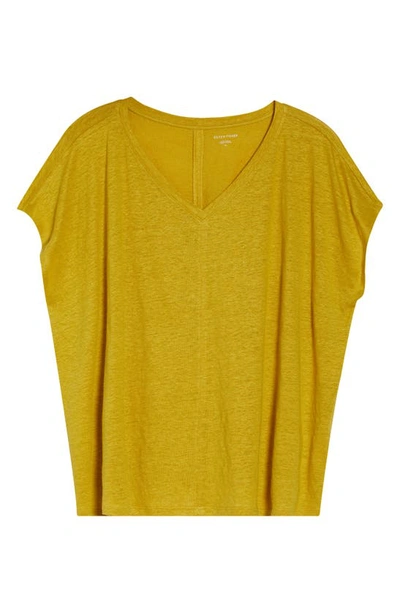 Shop Eileen Fisher V-neck Organic Linen T-shirt In Lemondrop